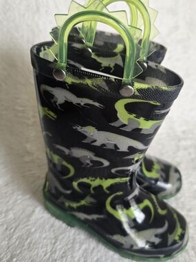 Western Chief Black and Neon Green Dinosaur Kids Rain Boots